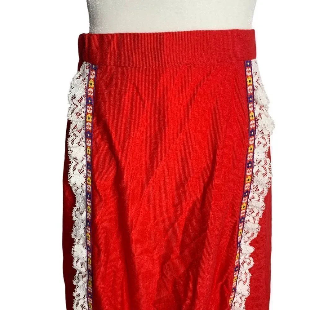 Vintage 70s Soft Corduroy Skirt S Red Lace Ruffle Prairie Cottage Core